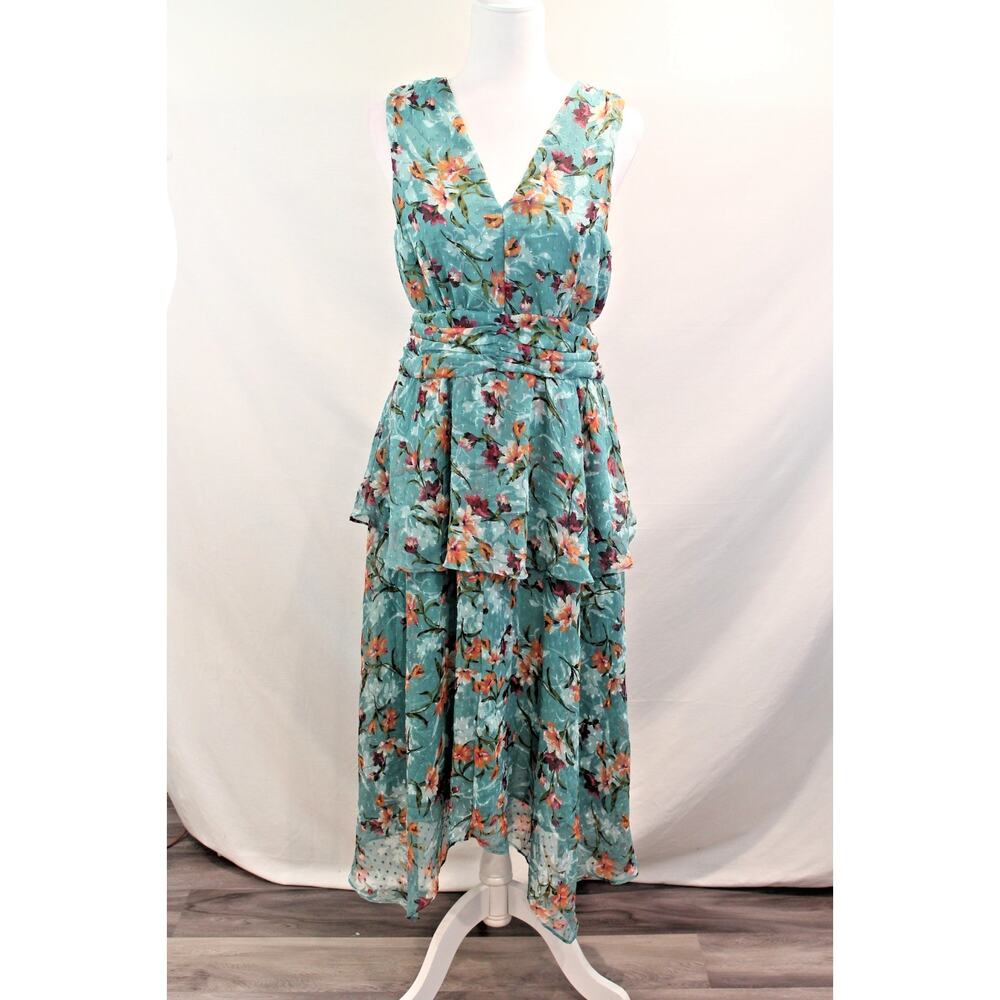 WALTER BAKER Lala Floral Georgette Peplum Dress Womens M Blueish Green V-Back